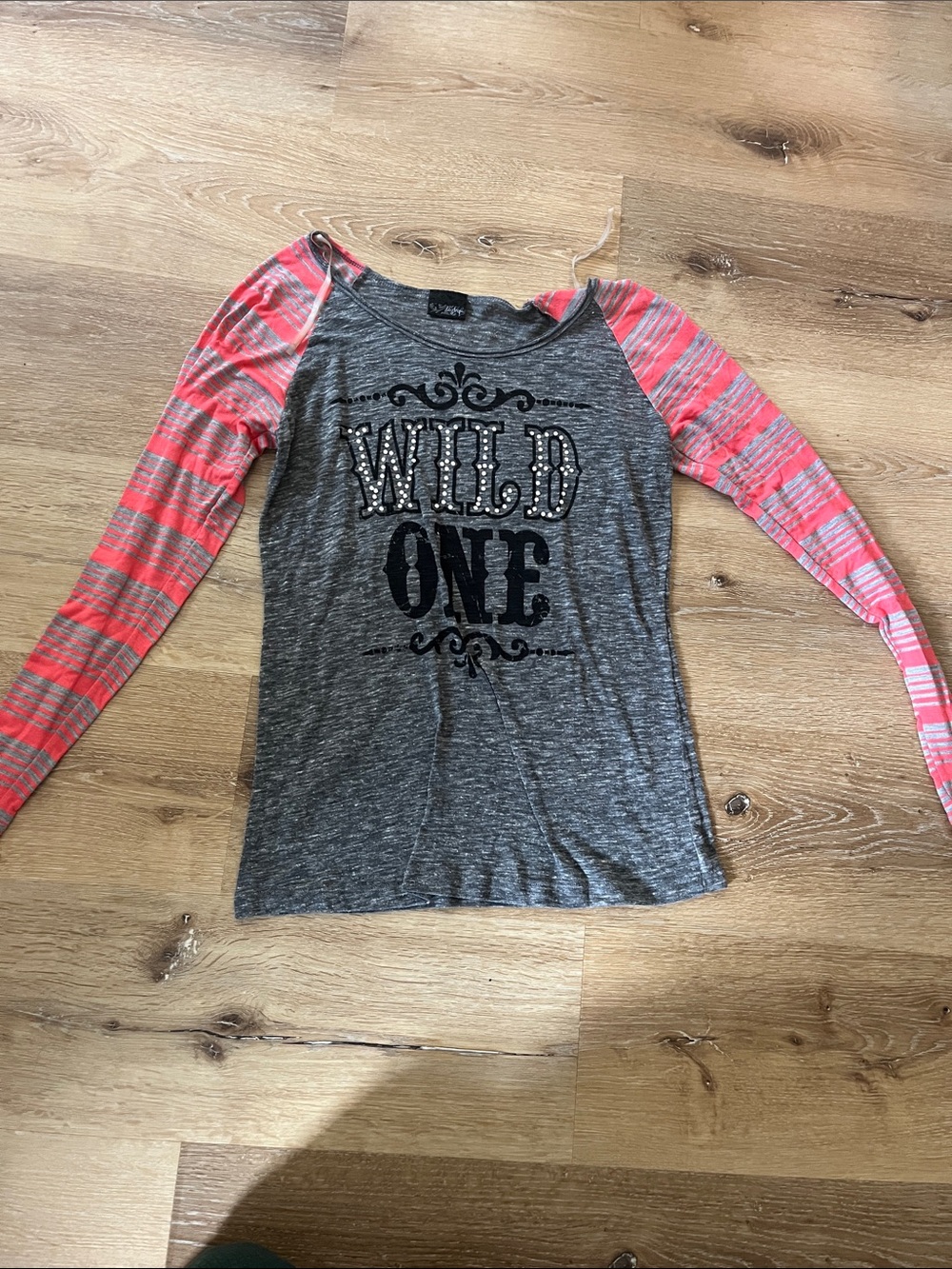 Girls Grey 'Wild One' Long Sleeve Tee with Coral Striped Raglan Sleeves